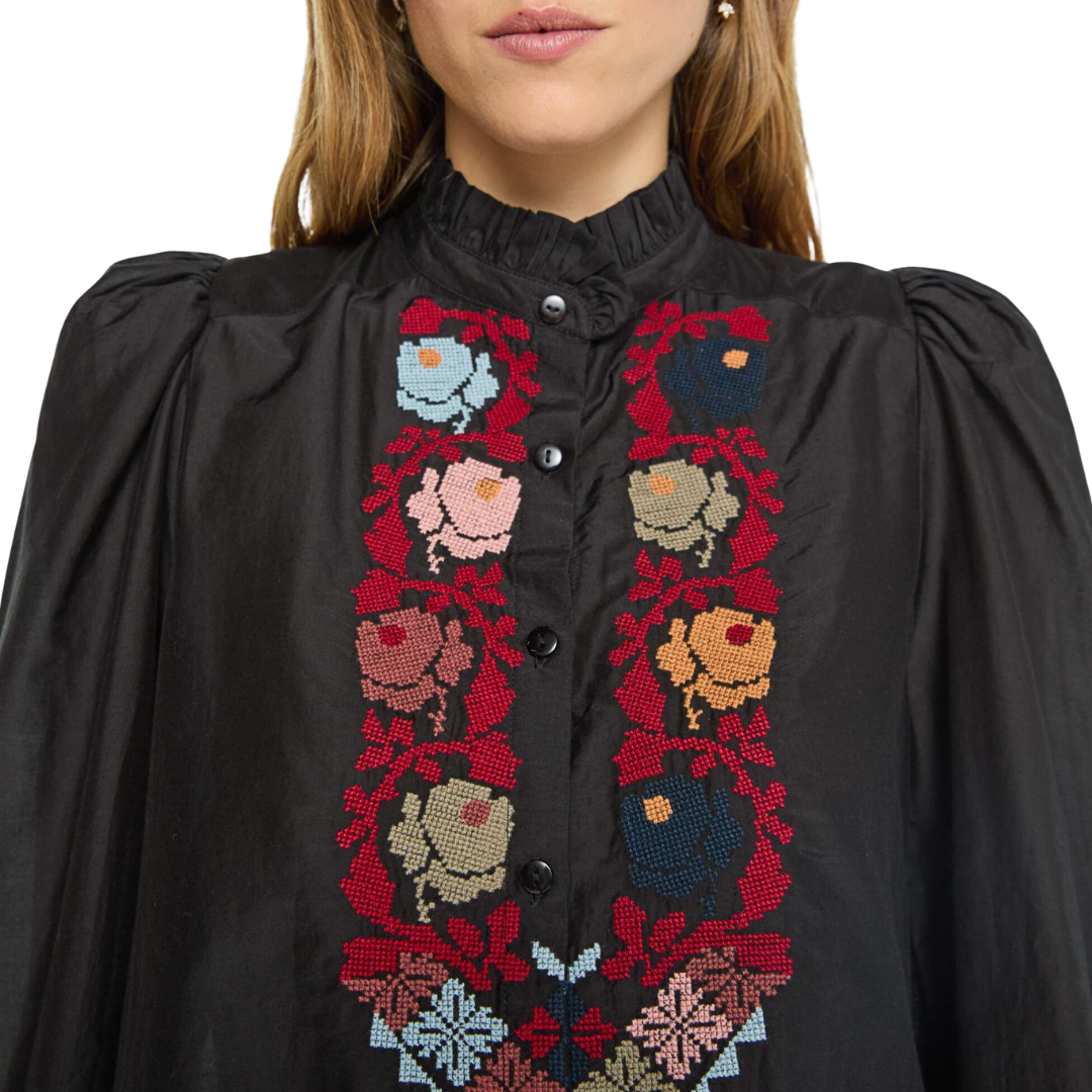 Annabel Emblem Panel Shirt in Black