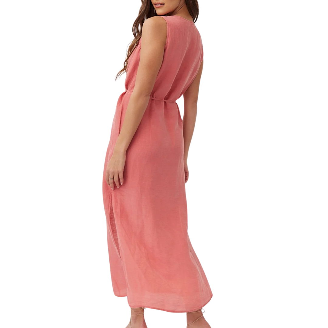 Sleeveless Belted Maxi Dress in Safi Coral