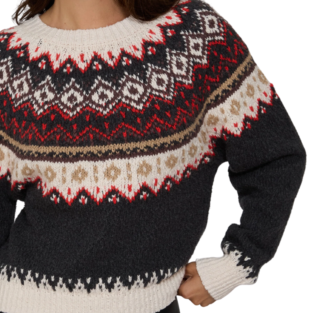Chunky Fair Isle Crew in Charcoal Combo