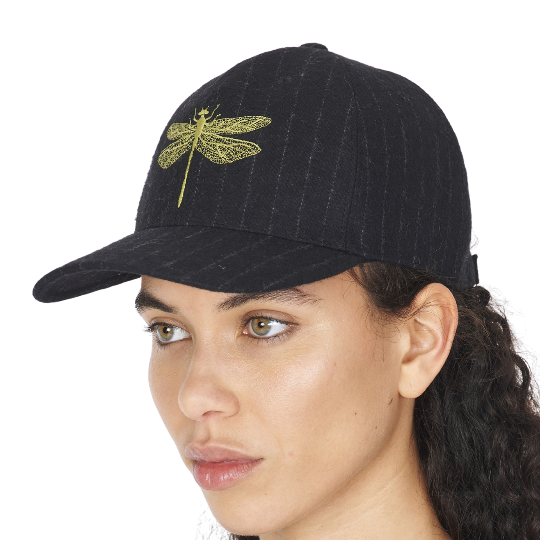 Pinstripe Wool Embroidered Cap in Black