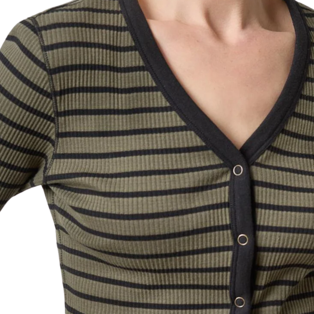 Button Front Ribbed Cardigan in Olive Stripe