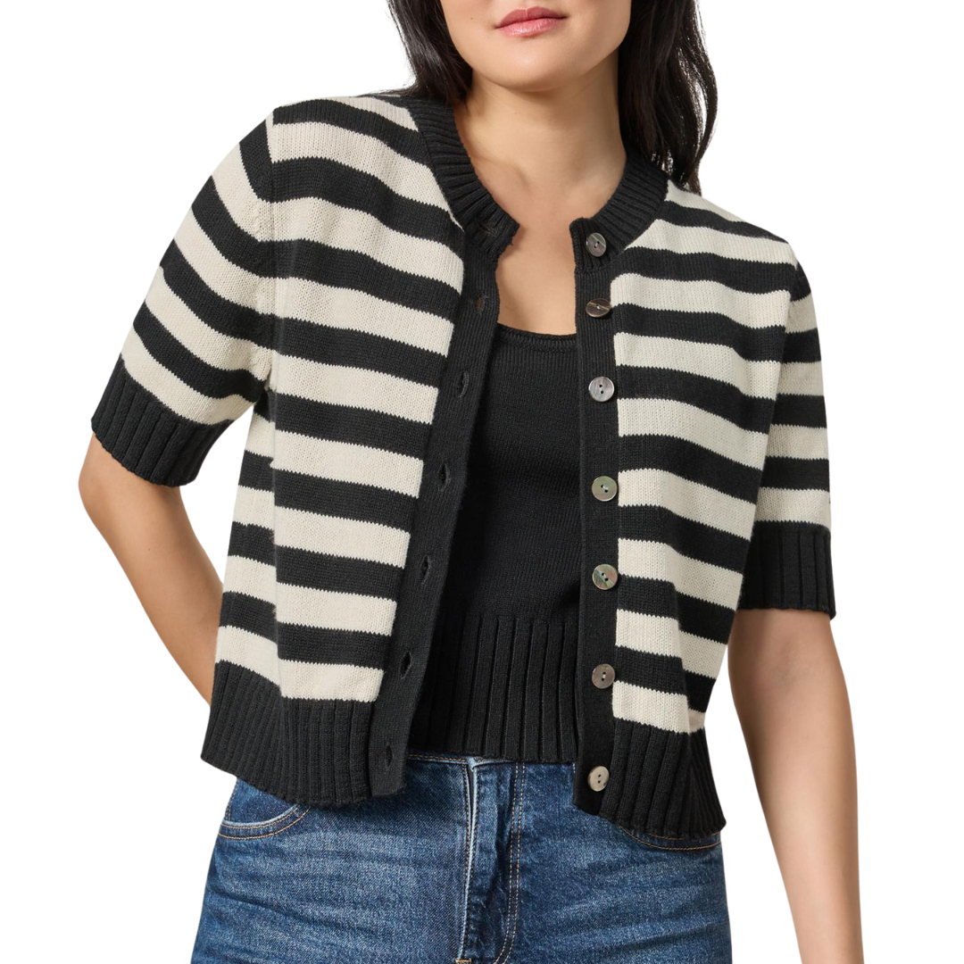 Elbow Sleeve Button Cardigan in Jet Black Stripe