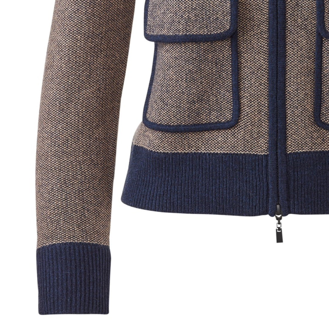 Tweed Zip Mock Cardigan in Navy/Scotch