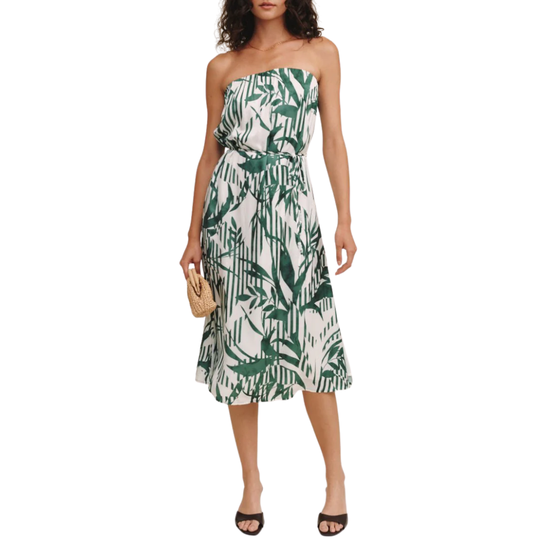 Flowy Strapless Midi Dress in Palm Paradise Print