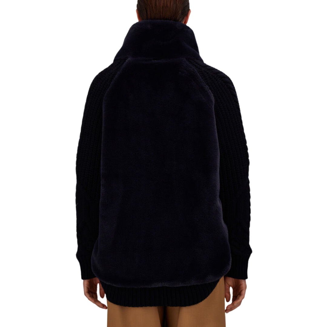 Wool Jacket with Raised Texture and Beaver-Effect Fur Feel in Navy Blue