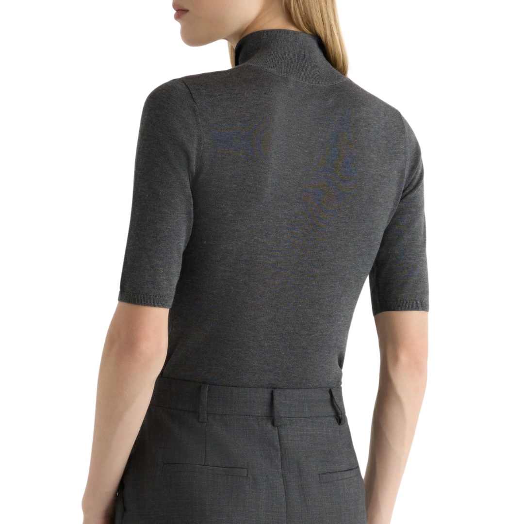 Gia Cotton-Silk Turtleneck Knit Top in Heather Charcoal