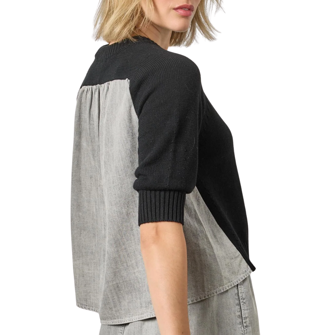 Denim Elbow Sleeve Sweater in Black