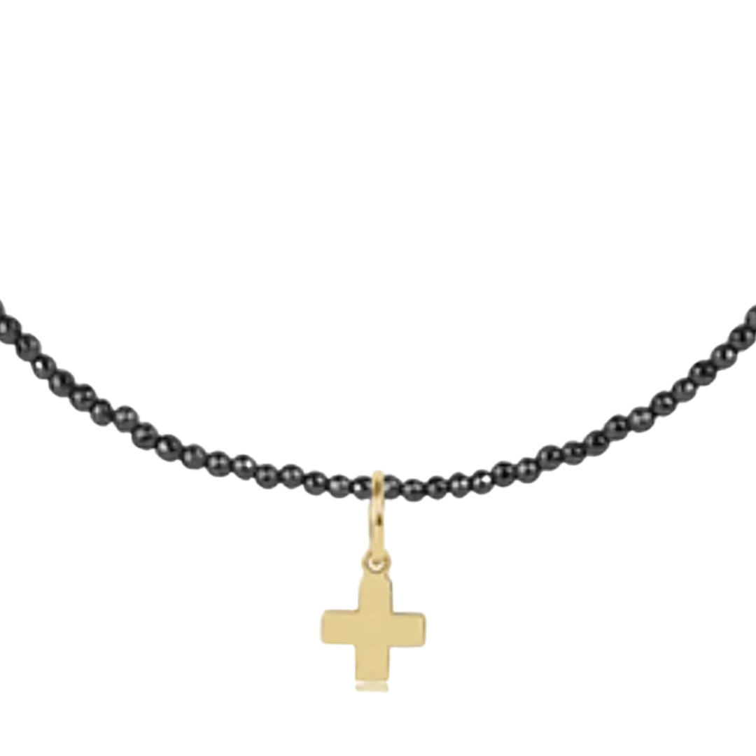 17" Choker Faceted Hematite 2mm Signature Cross Gold Charm