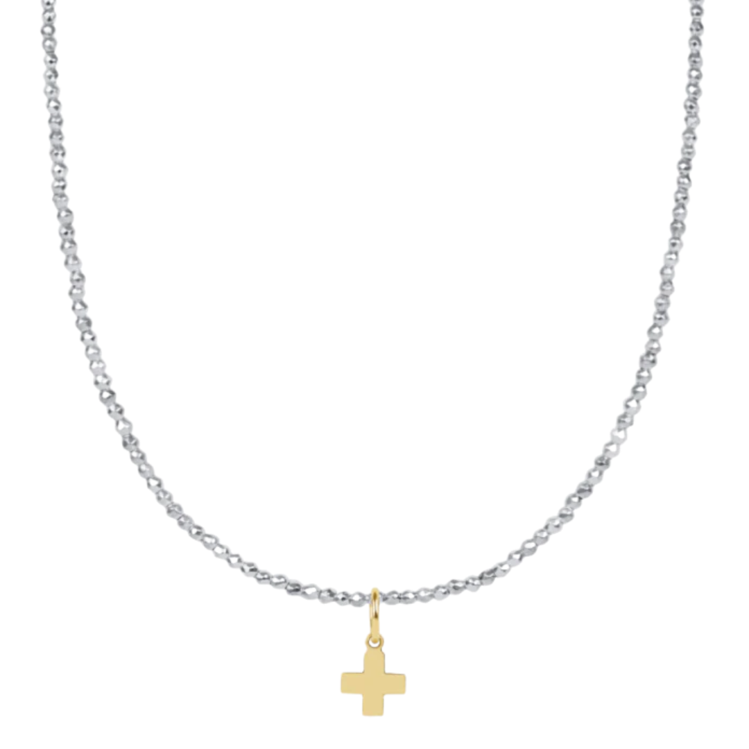 17" Choker Bright Silver Faceted Hematite 2mm Signature Cross Gold Charm