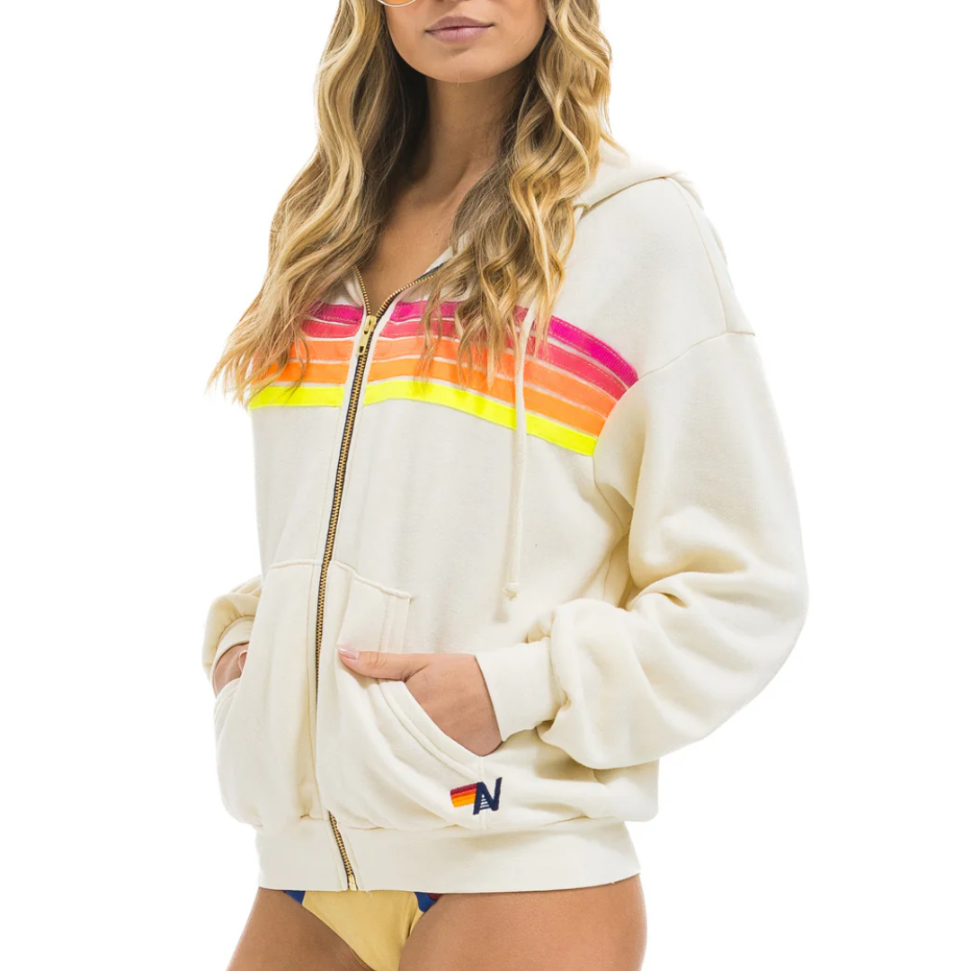 5 Stripe Hoodie in Vintage White/Neon