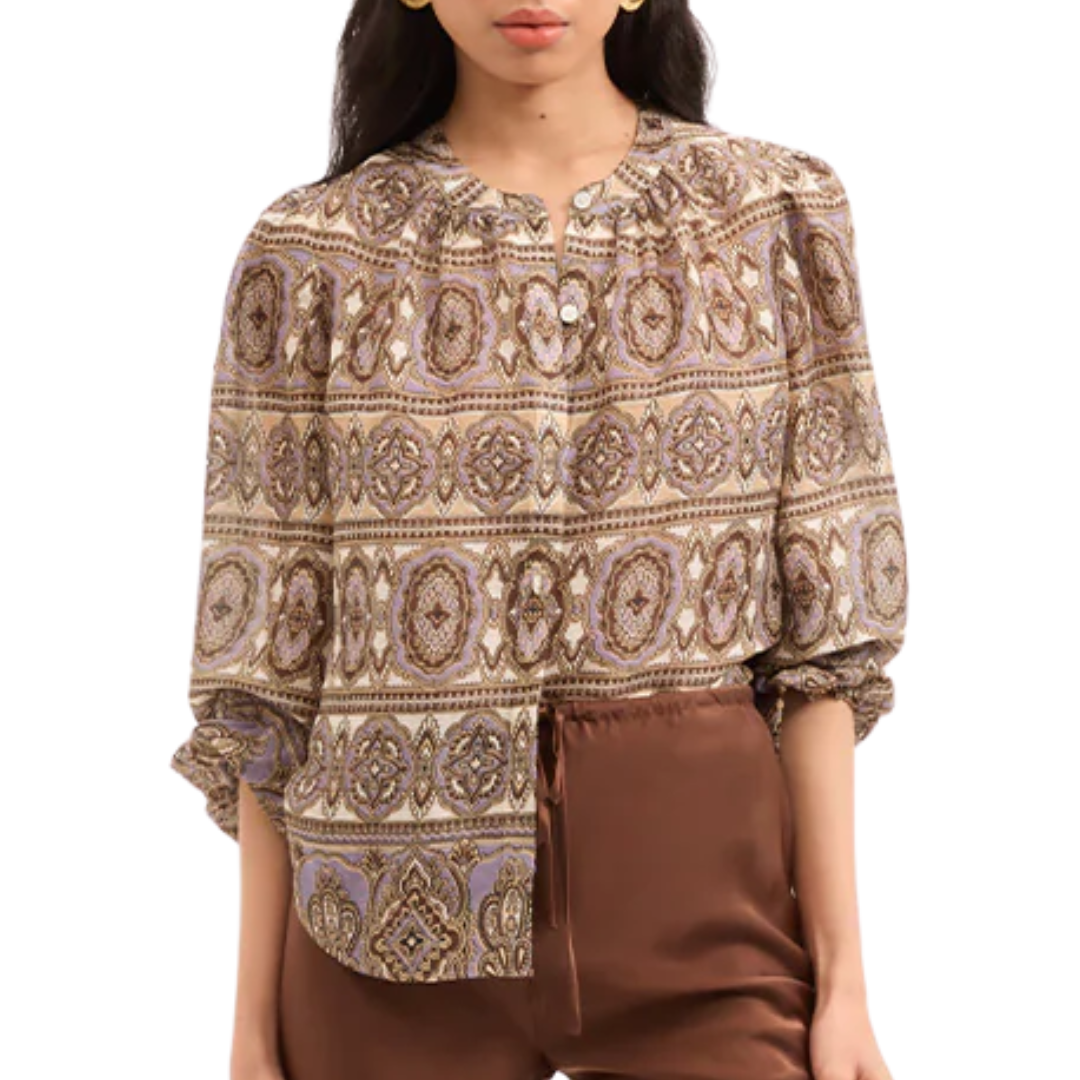 Ashlynn Silk-Linen Blouse in Stone Khaki Multi