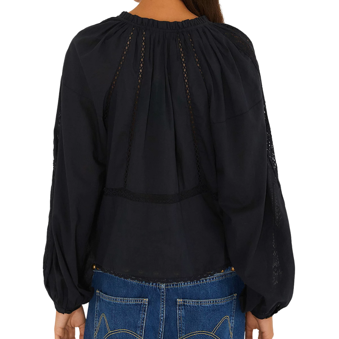 Boho Lace Long Sleeve Blouse in Black