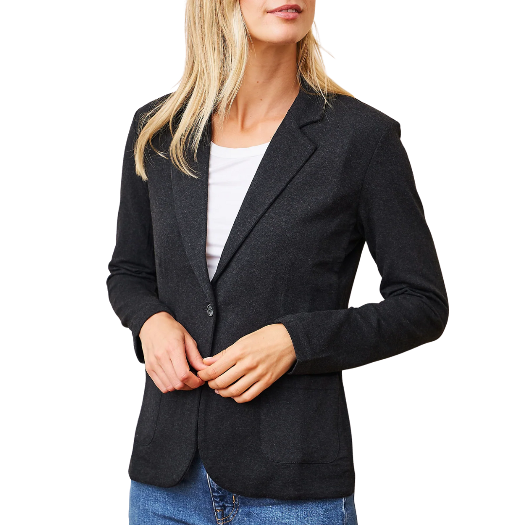 French Terry One Button Blazer in Anthracite Chine