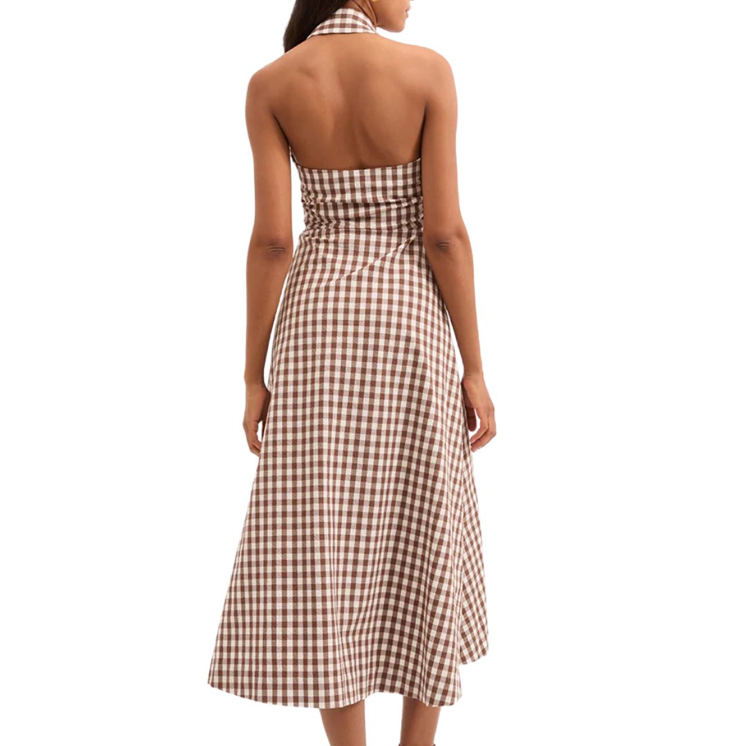 Mackey Gingham Seersucker Halter Dress in Light Chicory/Dove