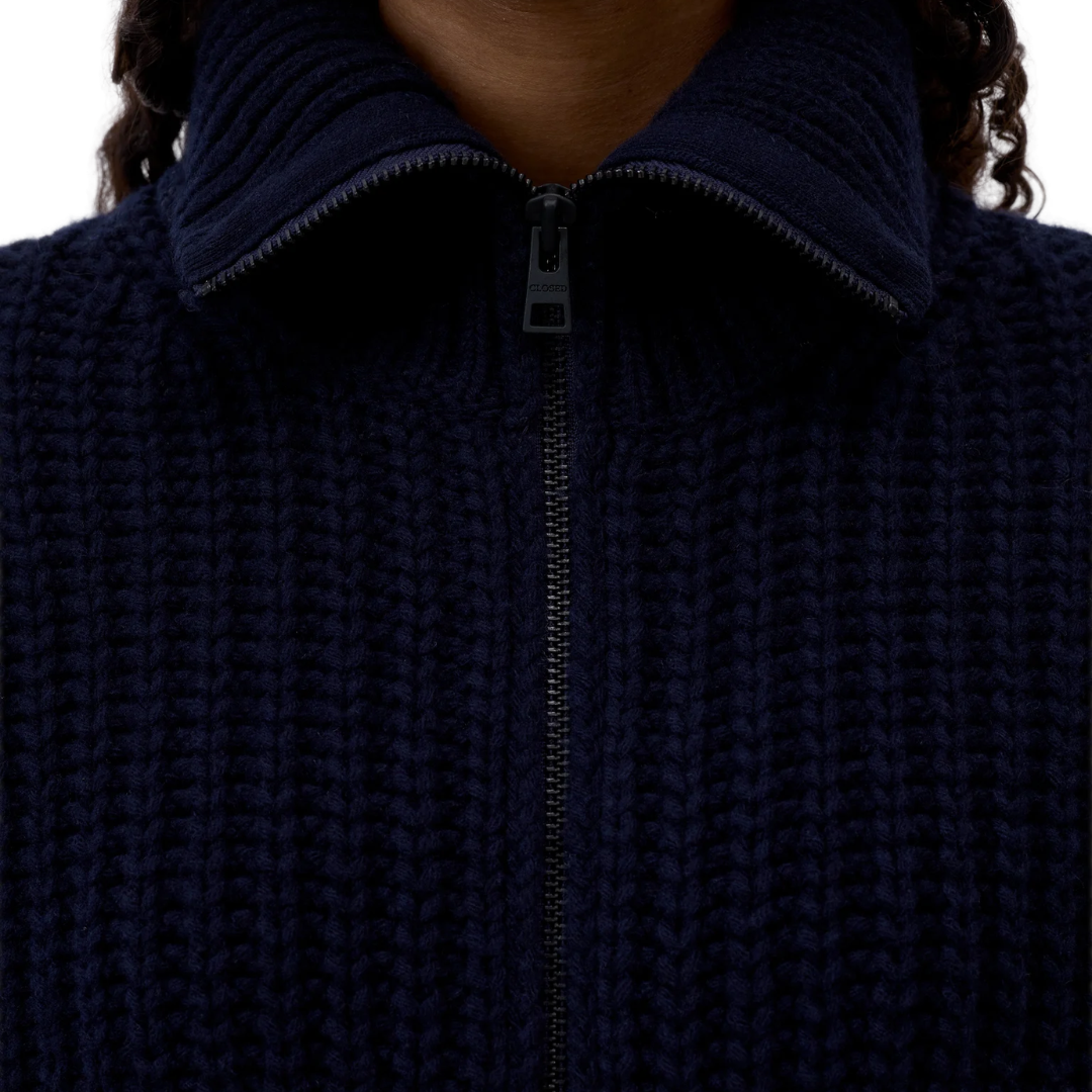 Wool Cardigan With Zip in Dark Night