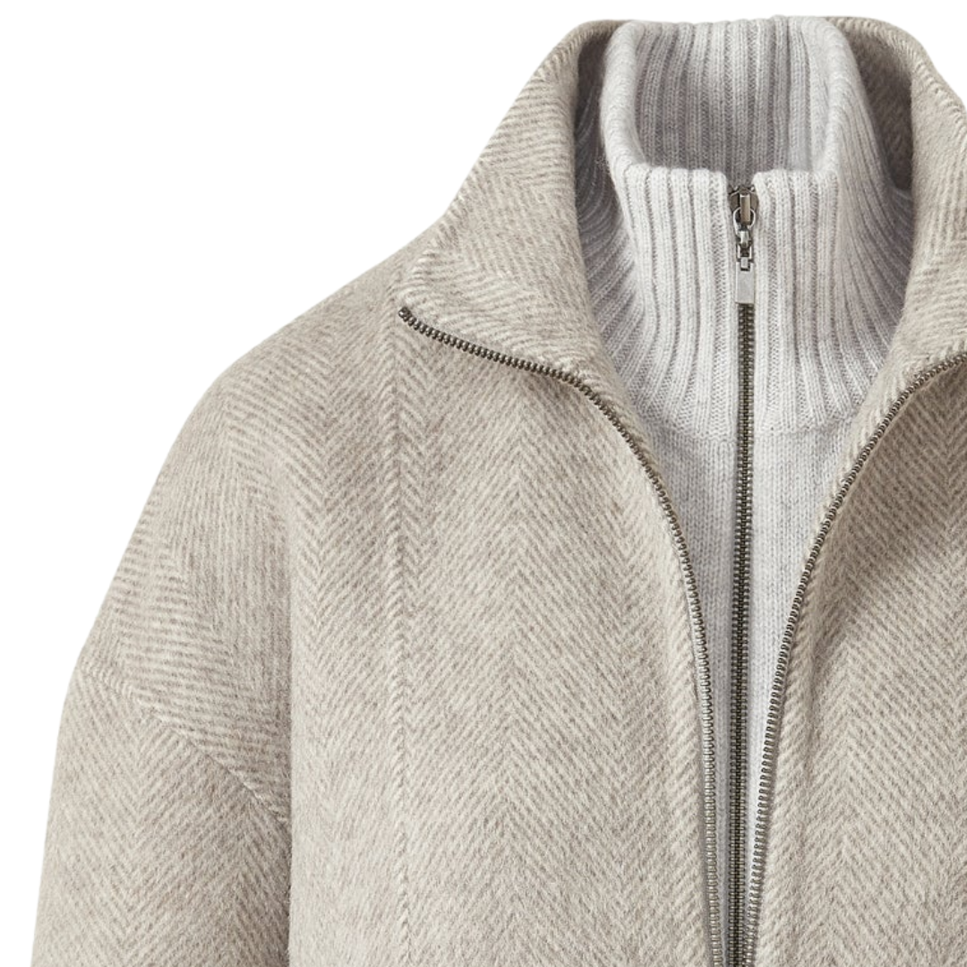 Brushed Herringbone Zip Mock Coat in Taupe Multi