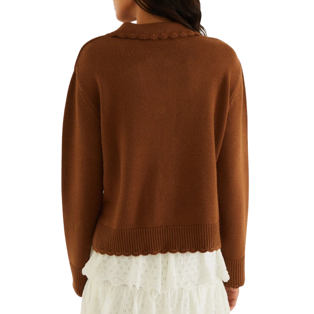 Countryside Cow Collared Knit Sweater in Brown