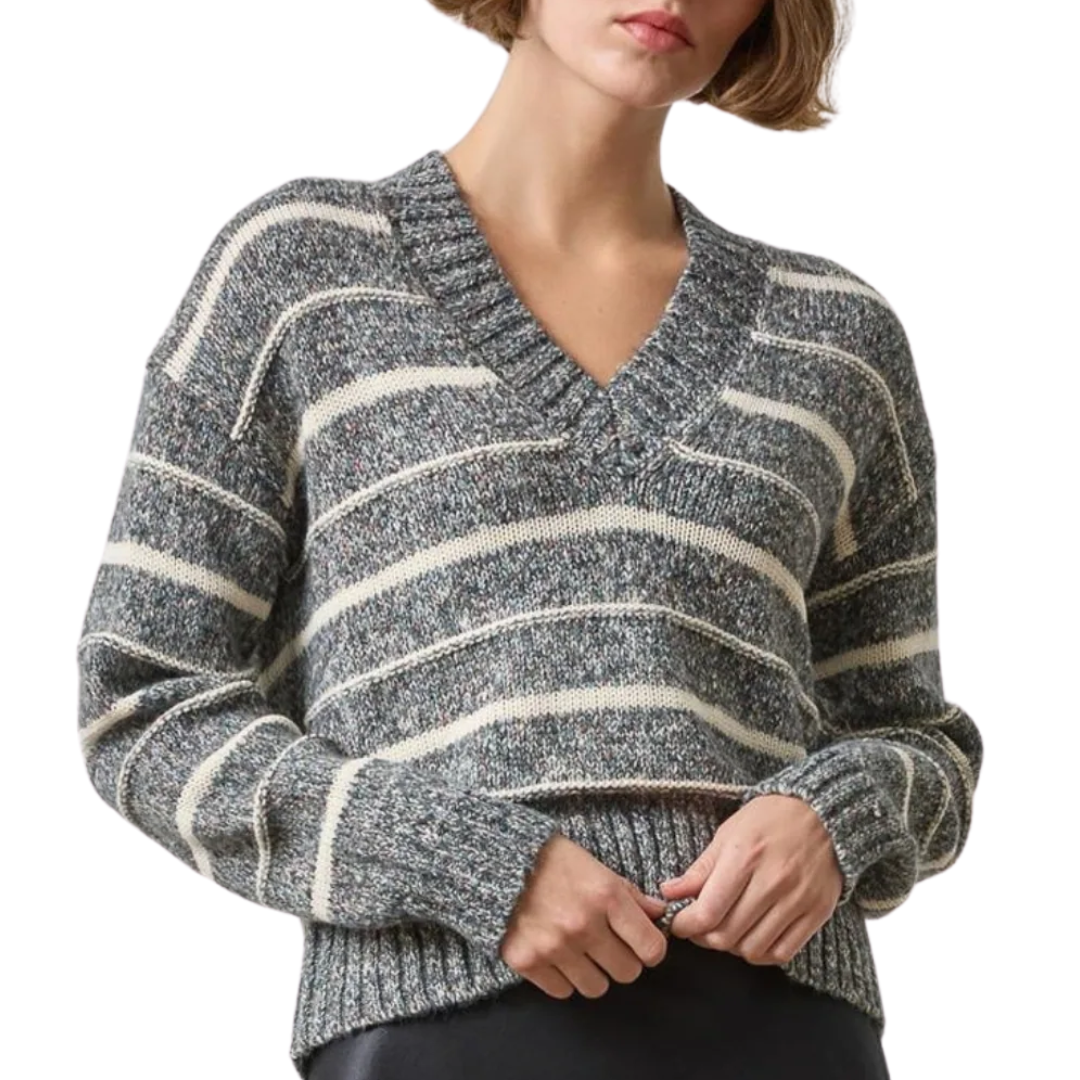 Multi Stripe V-Neck Sweater in Shadow Stripe
