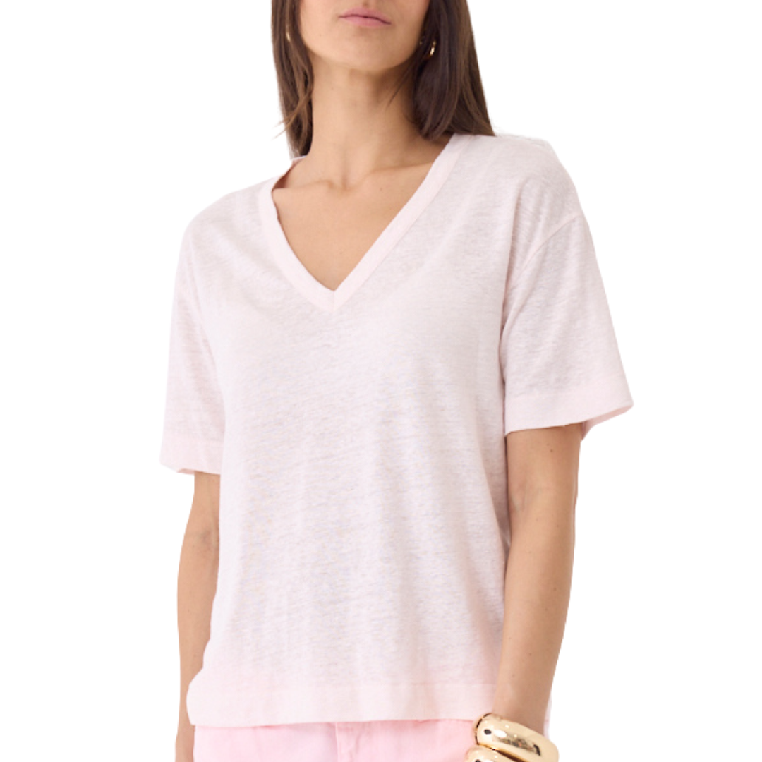 Stretch Linen Short Sleeve Semi Relaxed V-Neck in Eau De Rose