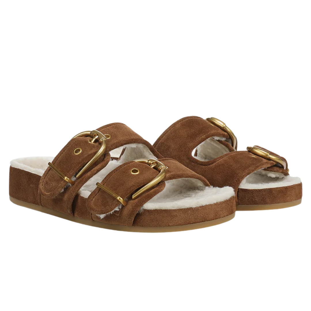 Prue Shearling Buckle Sandal in Hazelwood