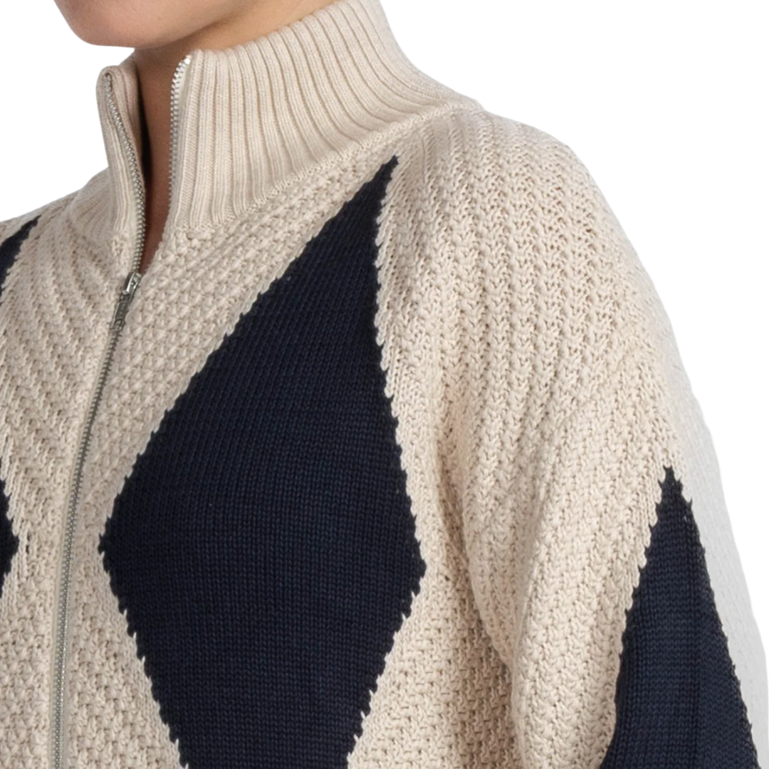 Diamond Mock Neck Zip Up in Natural/Navy blue