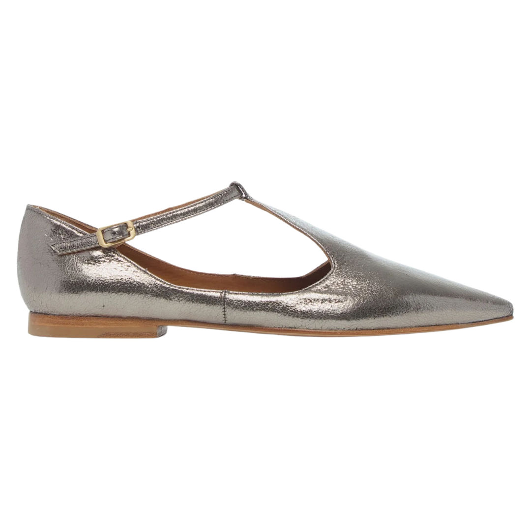 Celeste T-Strap Flat in Acero Crinkled Metallic Leather