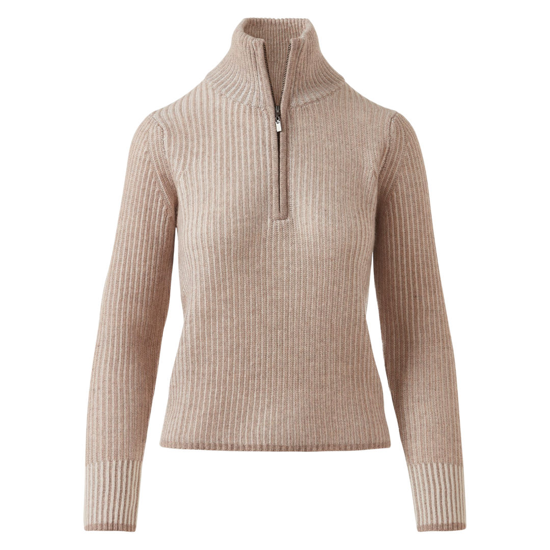 Plaited Rib Zip Mock in Taupe/Pearl