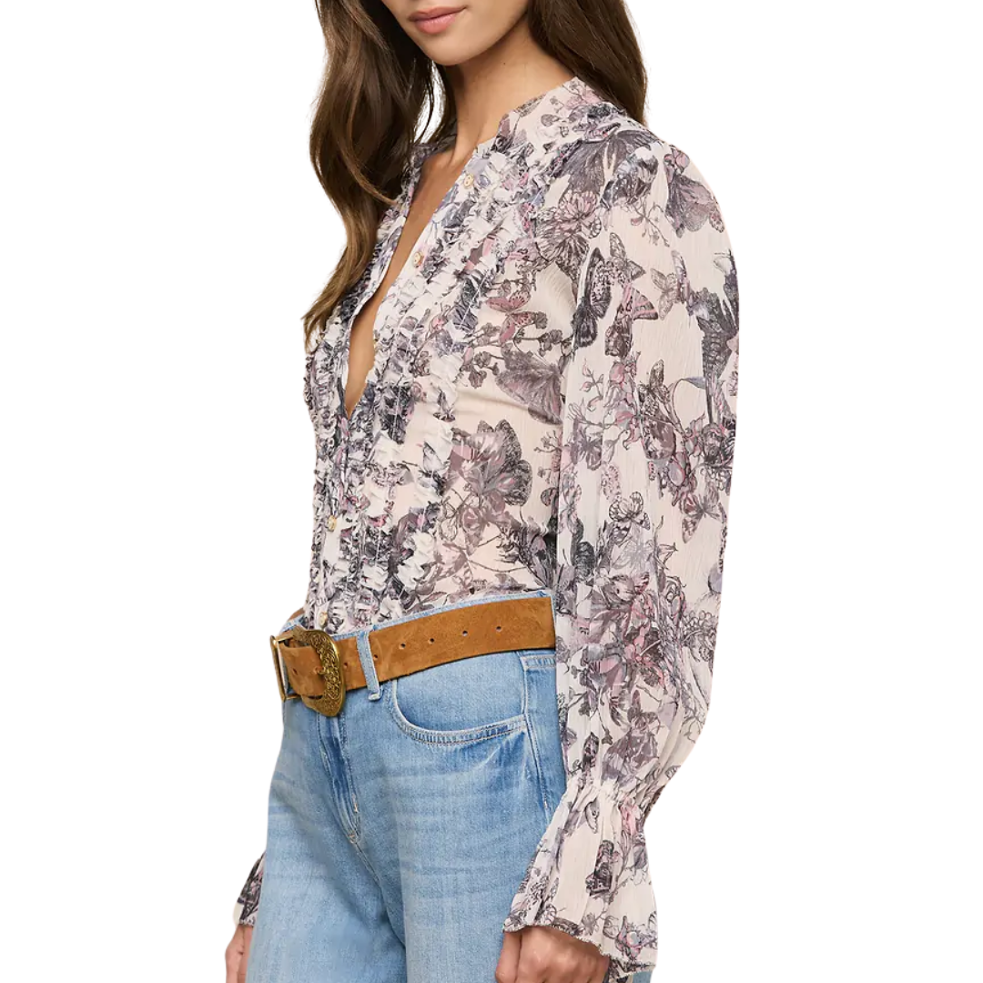 Eunice Blouse in Vintage White Watercolor Butterfly