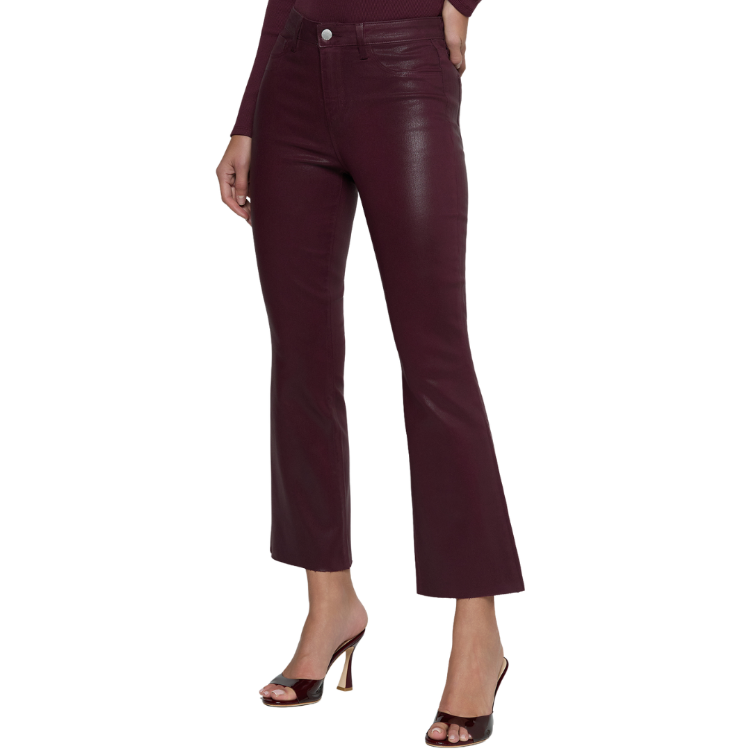 Kendra Coated Cropped Flare Jean in Deep Sangria Coated