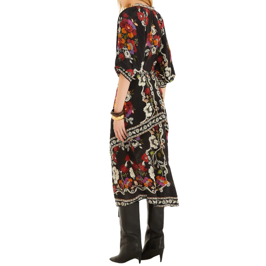 Belted Midi Dress in Black Rococo Flowers