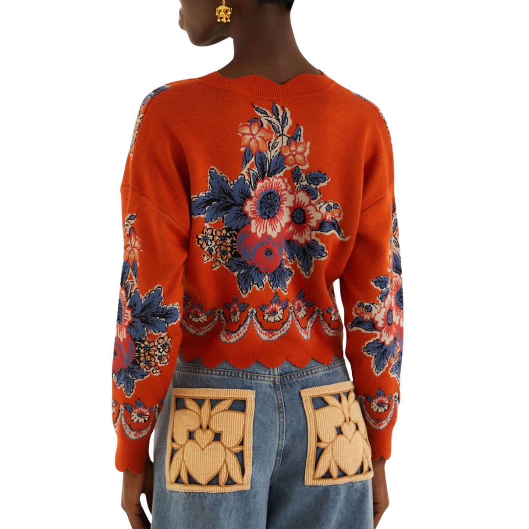 Victorian Floral Buttoned Knit Cardigan in Terracota