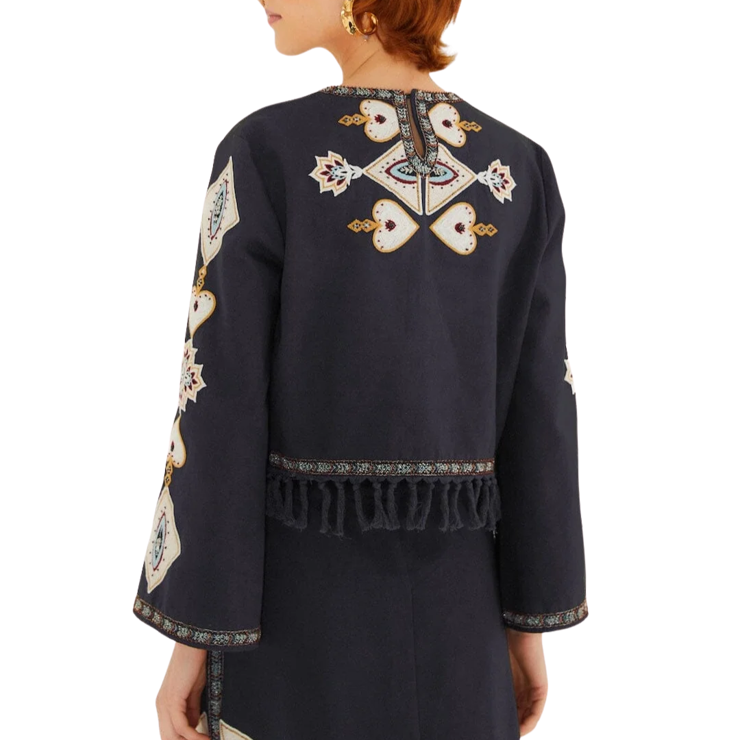 Embroidered Long Sleeve Fringe Crop Top in Bird Leaves