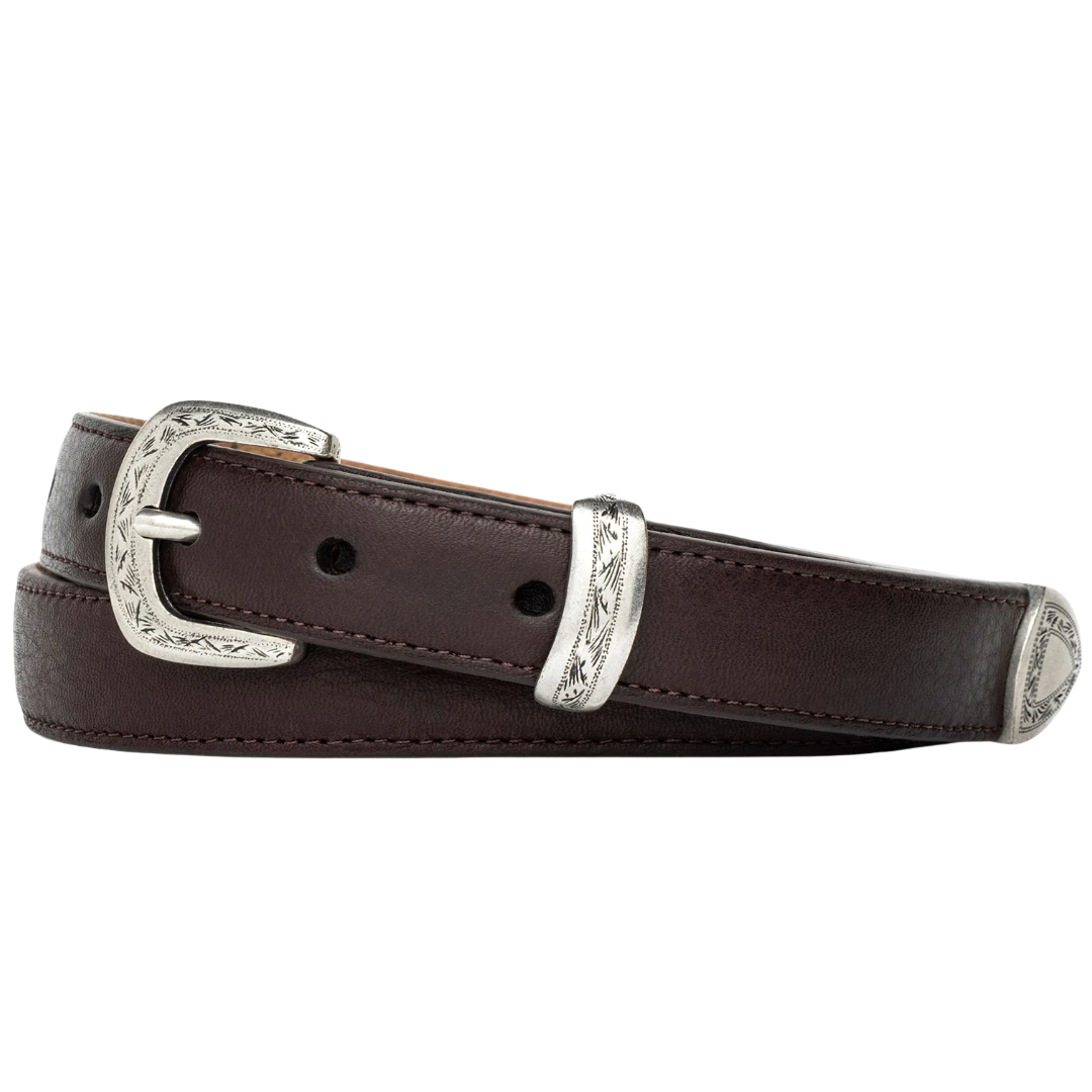 Dublin Calf Belt with Etched Antique Silver Tip in Chocolate