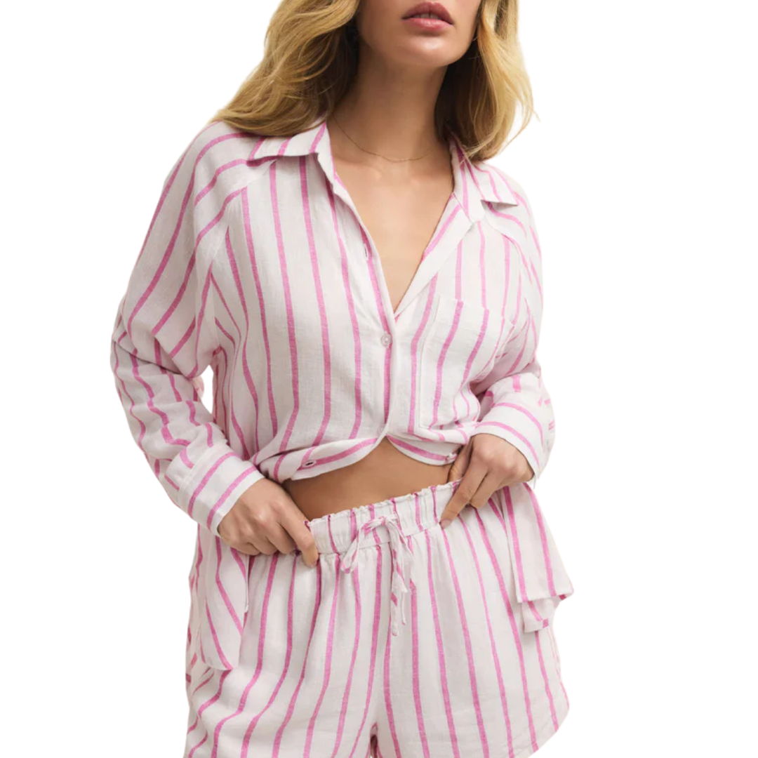 Perfect Linen Striped Top in Spanish Rose
