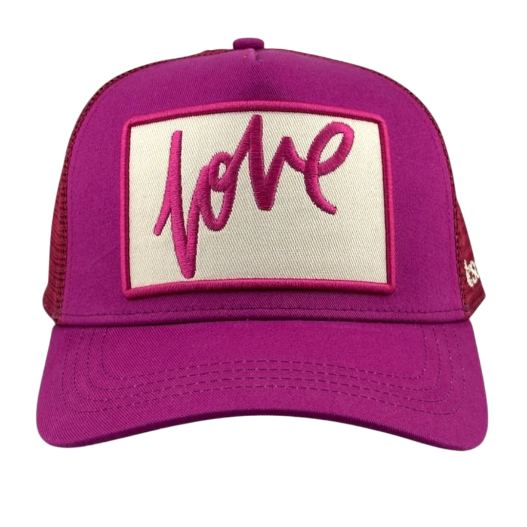 Love Cursive Trucker Hat in Berry
