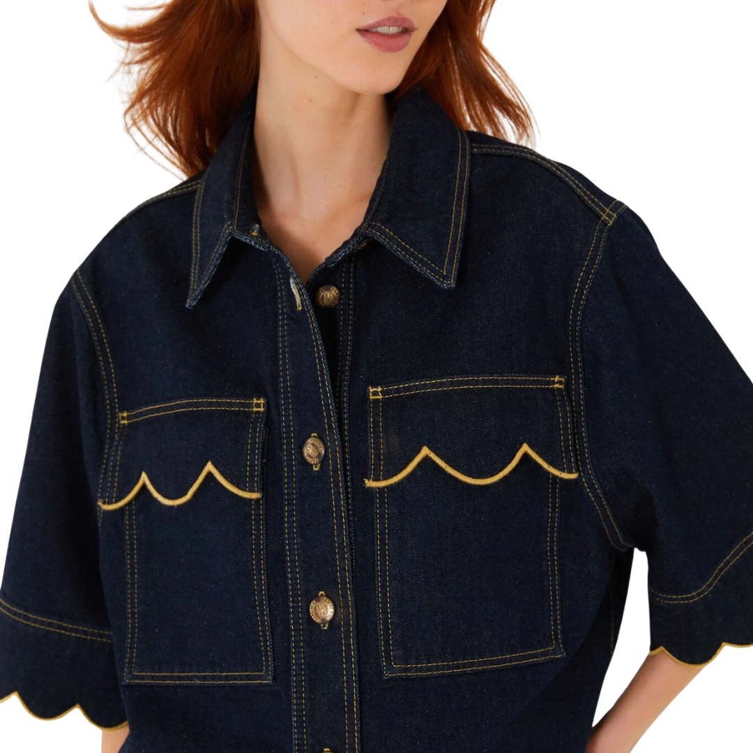 Wavy Hem Short Sleeve Shirt in Dark Denim