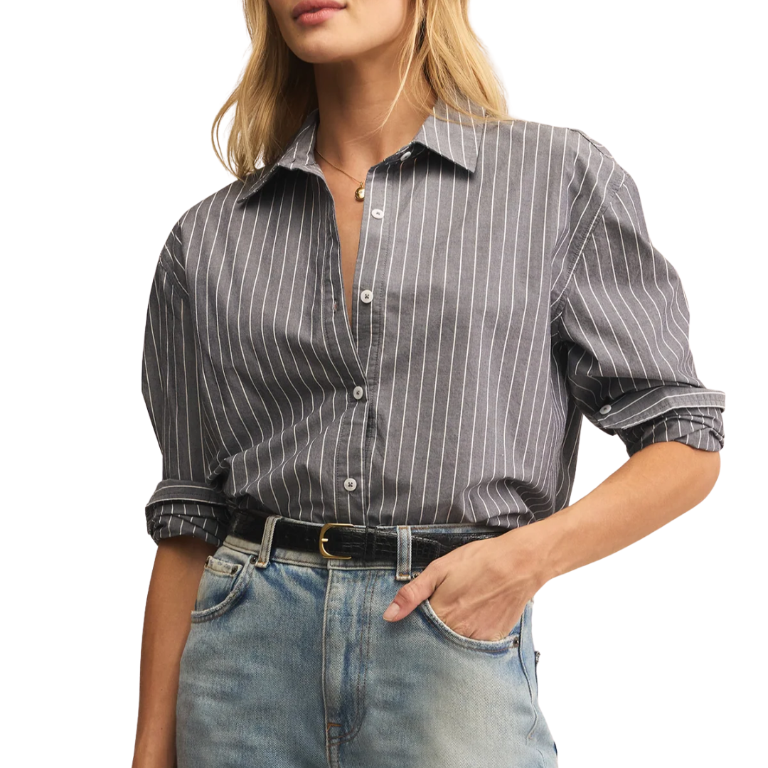 Seaport Striped Poplin Shirt in Washed Grey