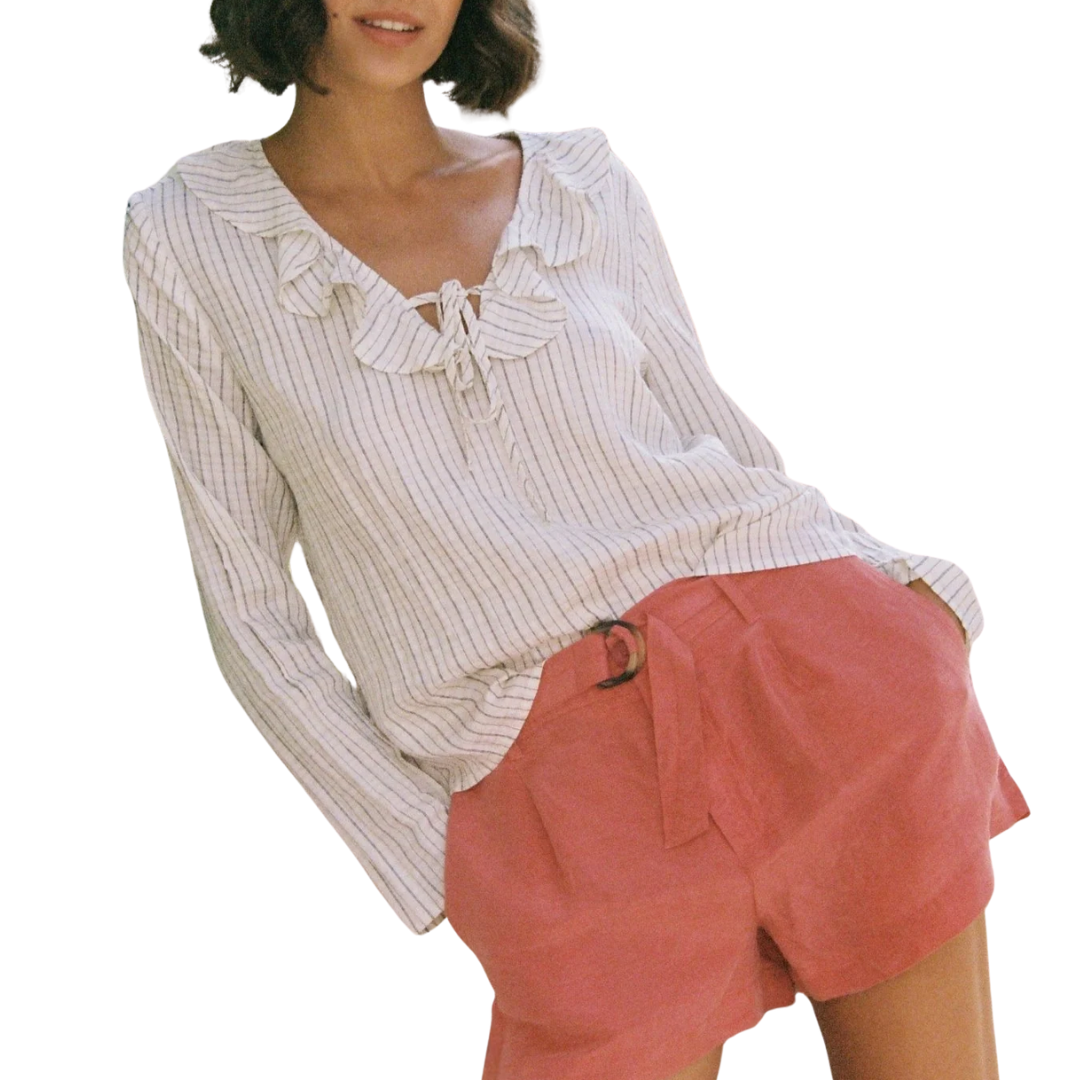 Tie Ruffle Neck Top in Ecru/Black Pinstripe