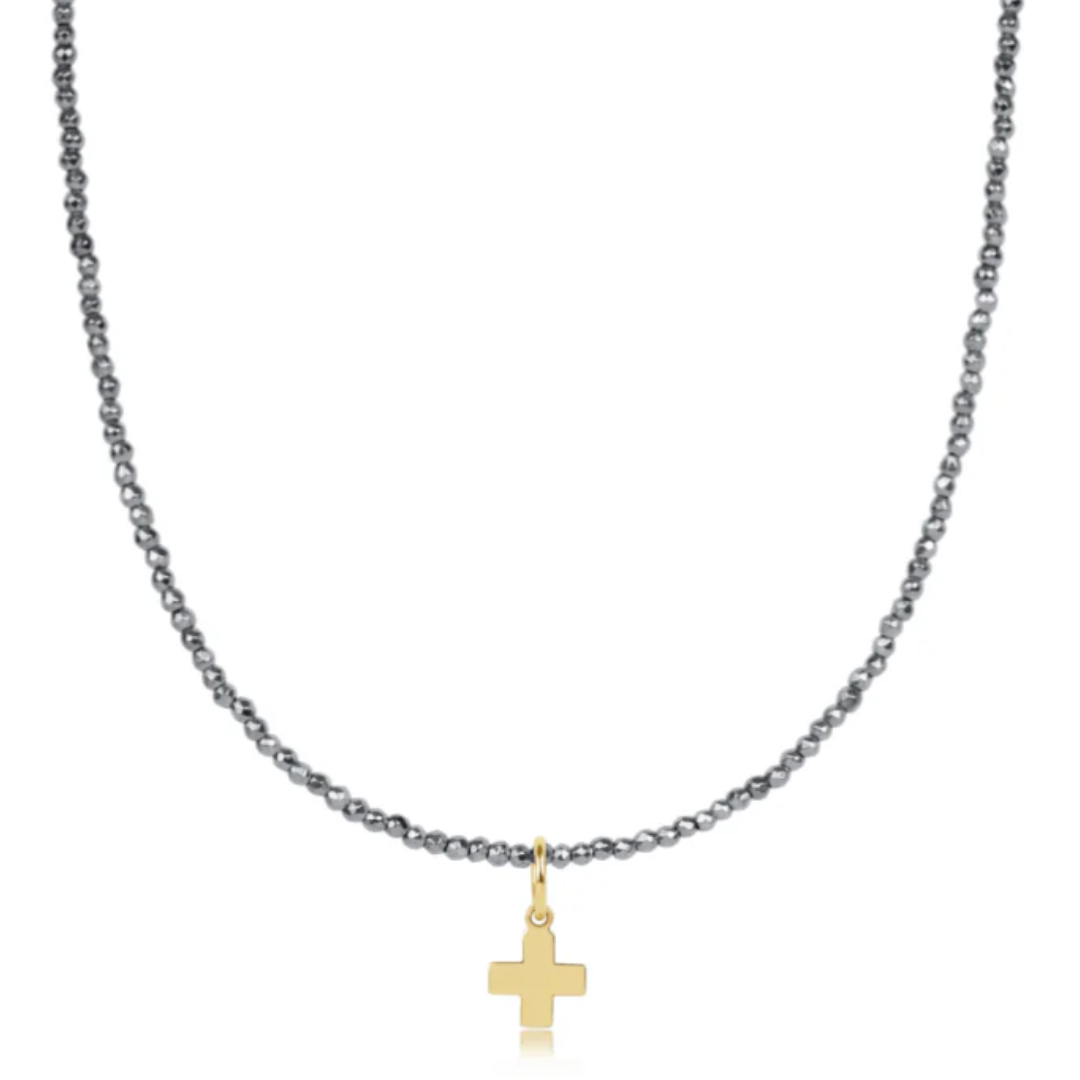 17" Choker Silver Faceted Hematite 2mm Signature Cross Gold Charm