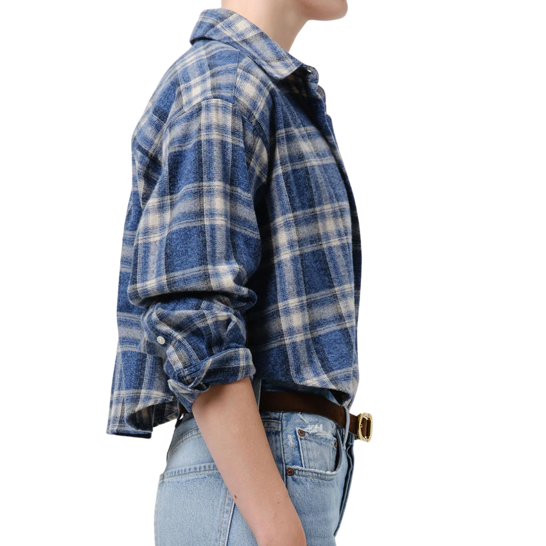 Ana Cropped Japanese Flannel Shirt in Marina Plaid