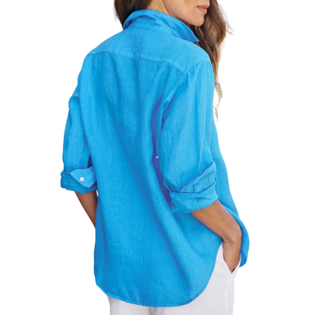 Eileen Relaxed Button-Up Shirt in Turquoise Linen