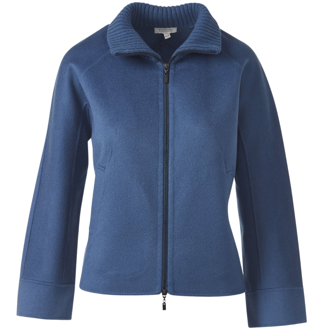 Short Knit Trim Zip Coat in Sapphire