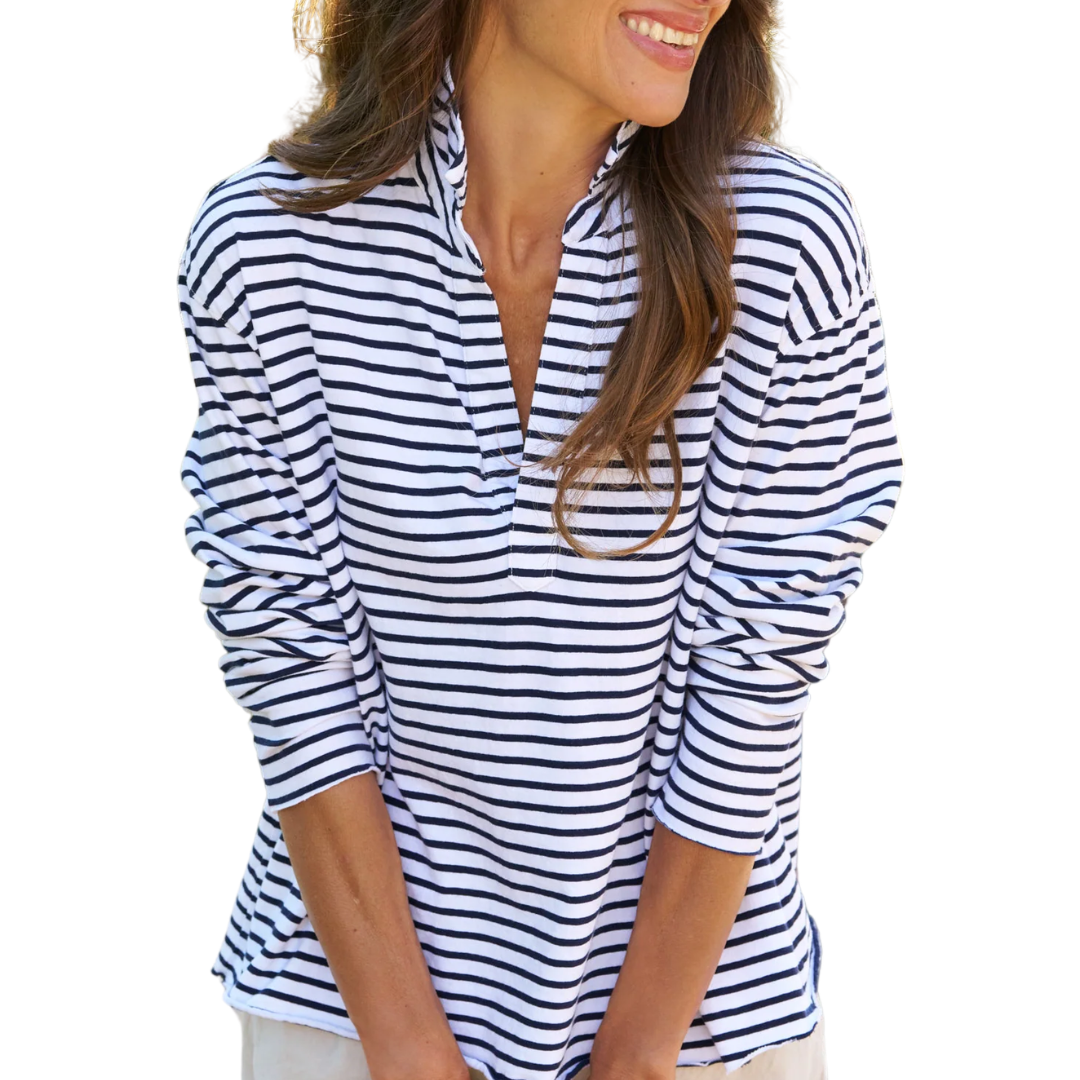Patrick Popover Henley in White Navy Stripe