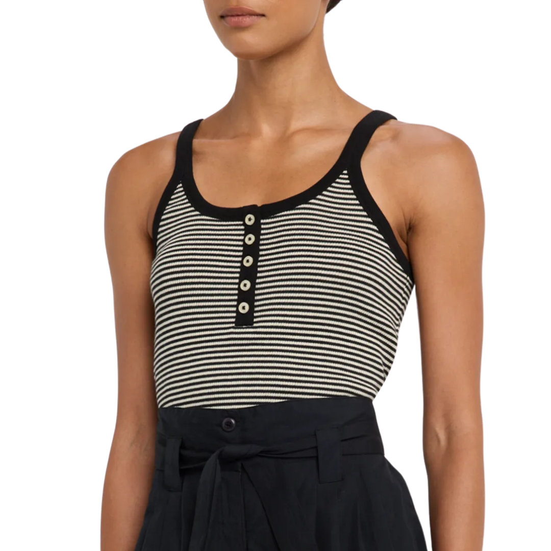 The Henley Slim Tank in Black & Cream Stripe