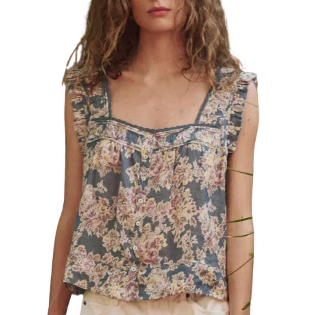 The Victorian Pleat Tank in Indigo Floral