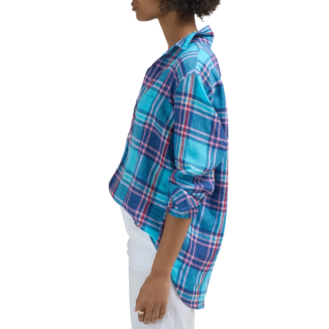 Eileen Relaxed Button-Up Shirt in Turquoise Plaid