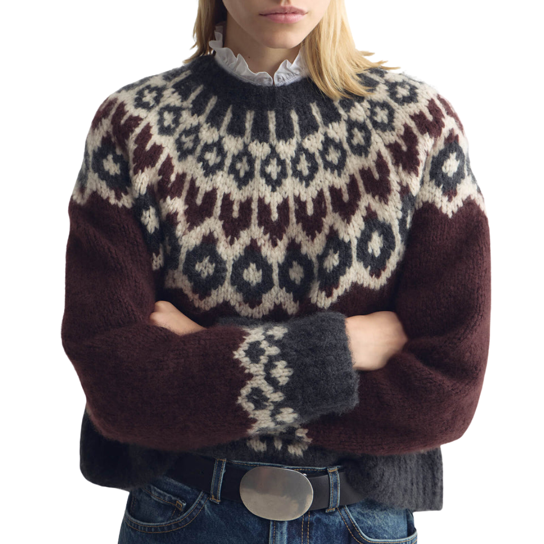 Isaline Fair Isle Sweater in Burgundy Fair Isle