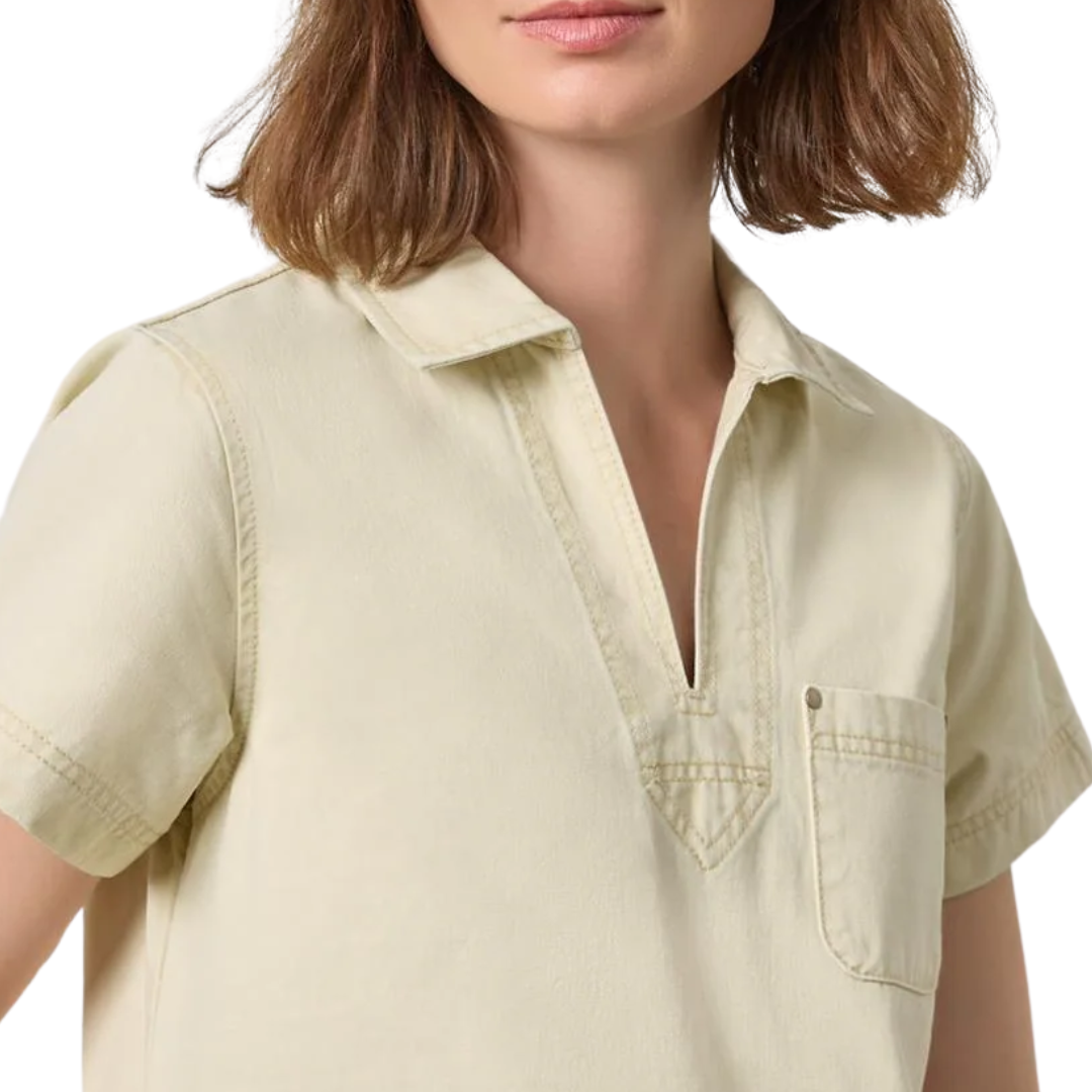 Twill Split Neck Collared Dress in Parchment