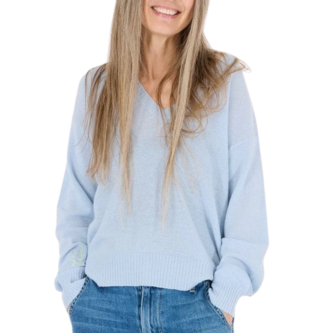 Deep V Neck On and On Sweater in Steel Blue