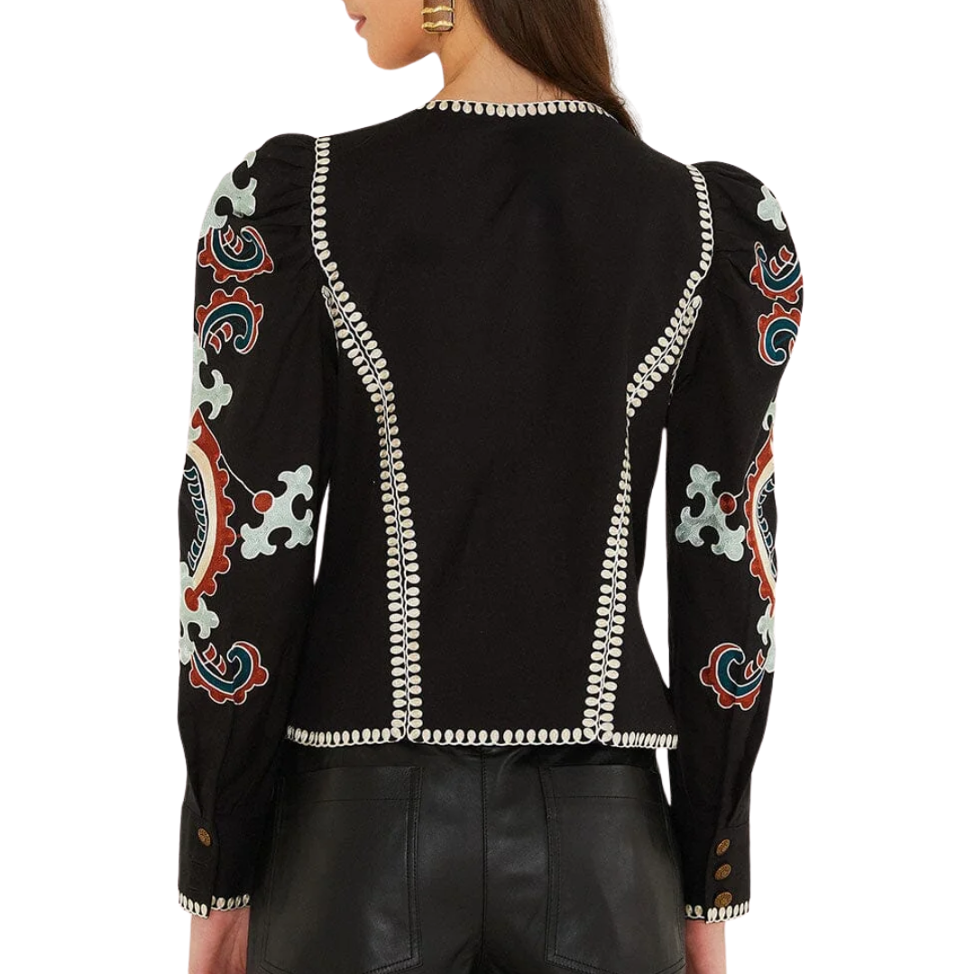Fantasy Embroidered Long Sleeve Blouse in Black